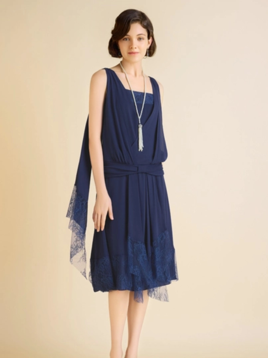 20er Jahre Kleid Classic Pleated Waistband Lace Day Dress Midnight Blue