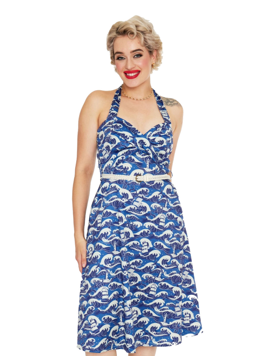 Voodoo Vixen Kleid Blue Nautical Wave Print Halter Dress